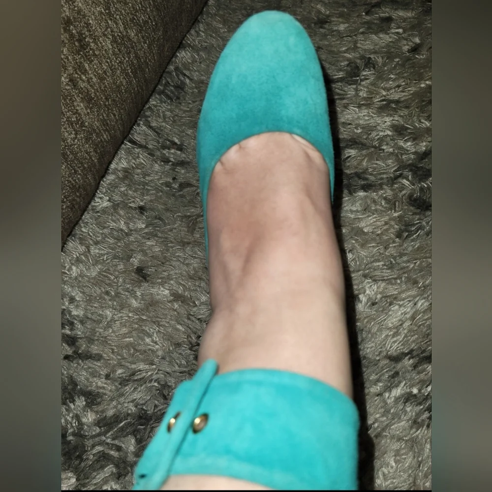 Diane Von Furstenberg Teal Suede Wedge Heels Sz 7 - Picture 7 of 9